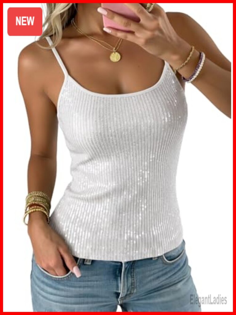 Women's Sequin Tank Top Sparkly Camisole Club Night Concert Shirt Slim Fit